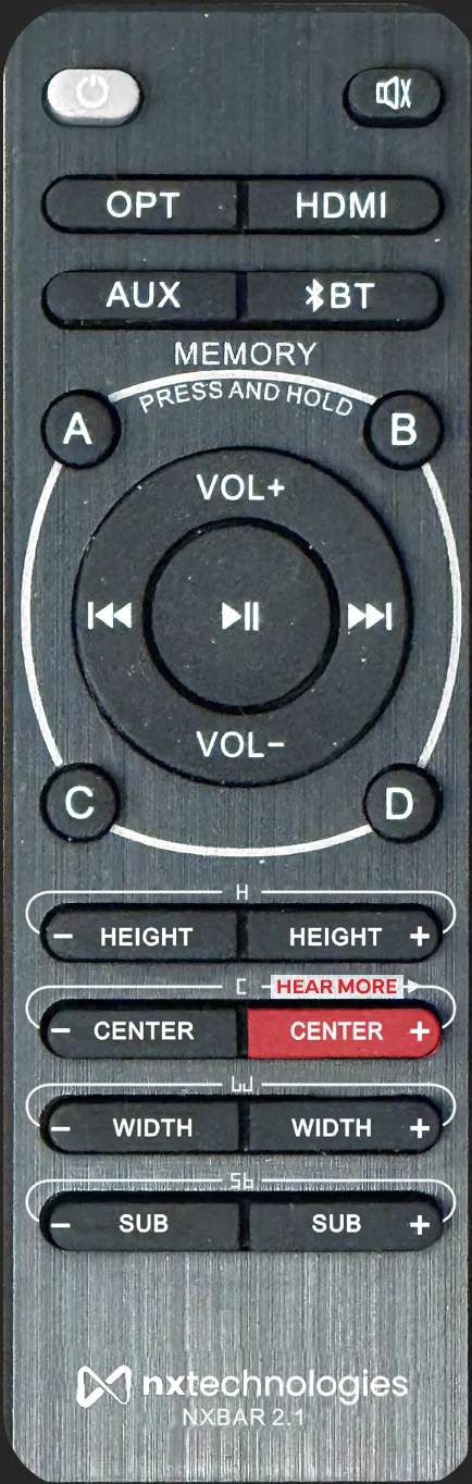 NXBAR 2.1 remote with the HearMore CENTER+ button engaged